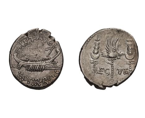 Denarius, 3.92gg (4h). Mint moving with Antony, 32-31 BC. Obv: ANT AVG/ IIIVIR R P C Galley right. Rx: LEG - VII Legionary ea