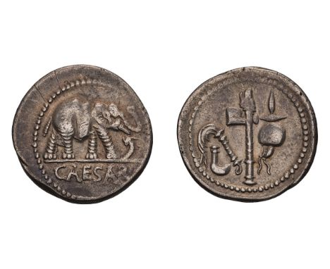 Denarius, 3.84gg (6h). Gaul, 49-8 BC. Obv: Elephant advancing right, trampling serpent; CAESAR in exergue. Rx: Ladle, sprinkl