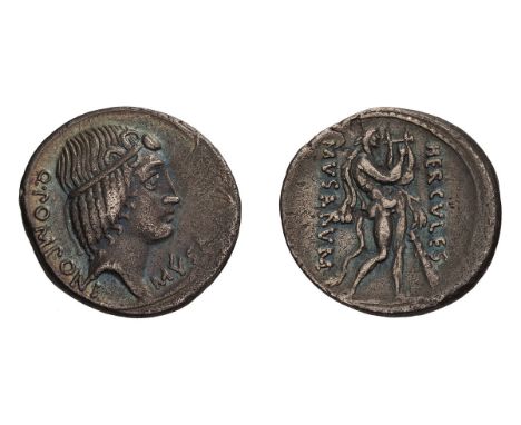 Denarius, 3.71gg (4h). Rome, 66 BC. Obv: Diademed head of Apollo right, his hair falling in ringlets, large circlet on his fo