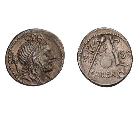 Denarius, 3.97gg (5h). Spain, 76/5 BC. Obv: Diademed bust of the Genius of the Roman People right, scepter over shoulder, GPR