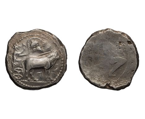 c. 475-450 BC. Dodecadrachm, 34.70gg (7h). Obv: Ox cart with basket-weave sides driven right by bearded man with whip, Corint