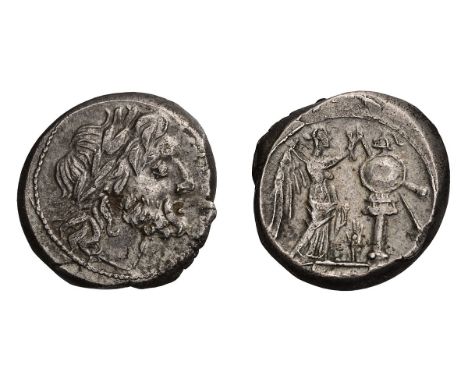 Victoriatus, 3.19gg (9h). Uncertain mint, c. 214-212 BC. Obv: Laureate head of Jupiter right. Rx: Victory standing right, cro