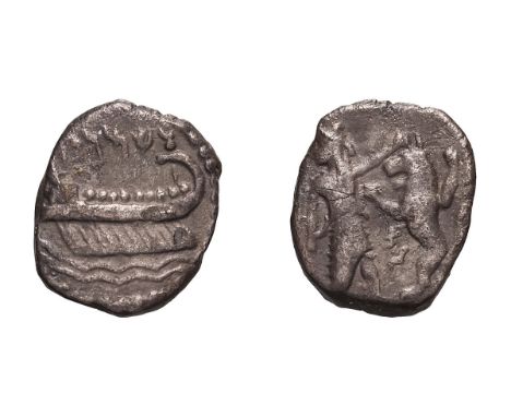 c. 380-332 BC. Obol, 0.63gg (11h). Obv: Galley left, at stern standard topped by crescent and globe, Samarian inscription abo