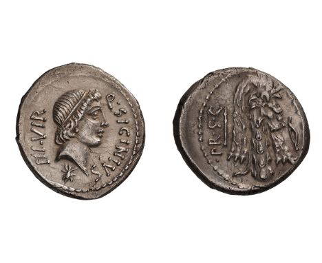 Denarius, 3.97gg (3h). Rome, 49 BC. Obv: Head of Apollo right, star below; Q.SICINIVS before, III.VIR behind. Rx: Club of Her