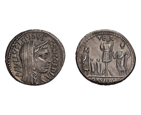 Denarius, 3.99gg (6h). Rome, 62 BC. Obv: Veiled and diademed head of Concord right, PAVLLVS LEPIDVS- CONCORDIA around. Rx: PA