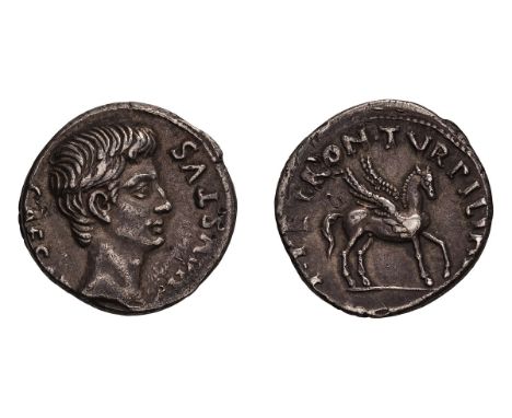  27 BC-14 AD. Denarius, 4.01gg (9h). Rome, c. 19 BC, Moneyer P. Petronius Turpilianus. Obv: CAES[AR] - [A]VGVSTVS Head bare r