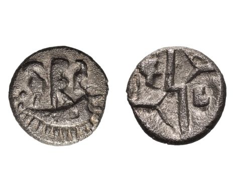 Late Geometric, 58-45 AD. Billon Quarter Stater, 1.03gg Obv: Boat with three occupants (?). Rx: Zigzag attached to two Y's, t