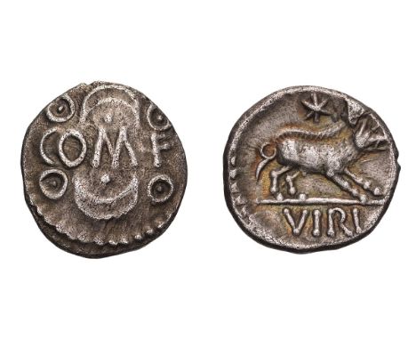 Verica, First Coinage, 10-20 AD. AR Unit, 1.31gg (10h). Obv: COM F across field, between crescent and pellet below and invert