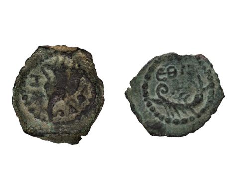  4 BC-6 AD. Prutah, 1.60gg (10h). . Obv: HP - WΔ Double cornucopia adorned with grapes, horns parallel, turned right. Rx: Gal