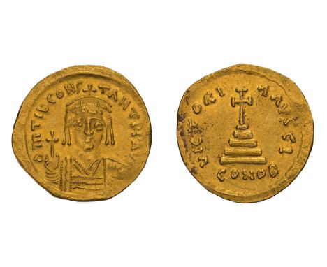  578-582 AD. Solidus, 4.38gg (5h). Constantinople, c. 579 AD. Obv: δm Tib CONS - TANT PP AVI Facing bust wearing crown with c