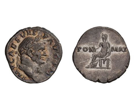  69-79 AD. Denarius, 3.17gg (6h). Rome, 71 AD. Obv: IMP CAES VES - P AVG P M Head laureate right. Rx: PON - MAX across field,