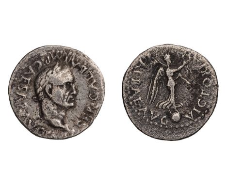  68-69 AD. Silver Quinarius, 1.55gg (7h). Lugdunum. Obv: SER GALBA IMP CAESAR AVG P M T P Head laureate right. Rx: VICTORIA -