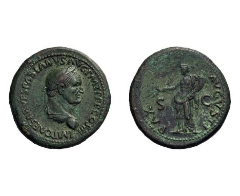  69-79 AD. Sestertius, 27.57gg (6h). Rome, 71 AD. Obv: IMP CAESAR VESPASIANVS AVG P M T P P P COS III Bust laureate, draped r