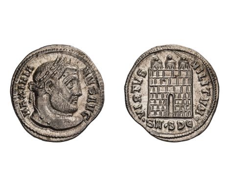  305-311 AD. Argenteus, 3.31gg (1h). Serdica, 305-6 AD. Obv: MAXIMIA - NVS AVG Head laureate right. Rx: VIRTVS - MILITVM Thre