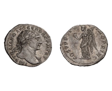  98-117 AD. Denarius, 3.68gg (6h). Rome, c. 110 AD. Obv: IMP TRAIANO AVG GER DAC P M TR P Bust laureate right, fold of cloak 