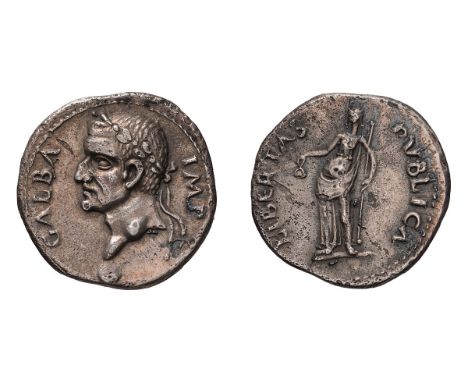  68-69 AD. Denarius, 3.39g (5h). Tarraco. Obv: GALBA - IMP Head laureate left on globe. Rx: LIBERTAS - PVBLICA Libertas stand