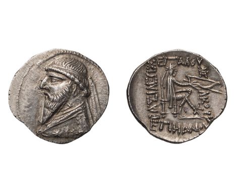  c. 123-88 BC. Drachm, 4.15gg (12h). Obv: Diademed, draped bust of king left, with long beard. Rx: Arsakes I seated right on 