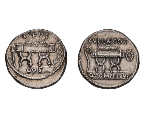 Denarius, 4.05gg (11h). Rome, 54 BC. Obv: Curule chair with pillow between arrow and laurel branch; above, [Q POMPEI] F aroun