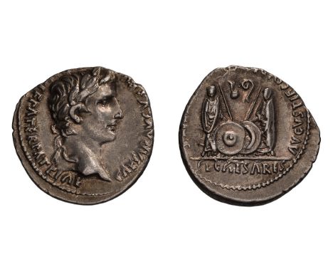  27 BC-14 AD. Denarius, 3.64gg (10h). Lugdunum, 2 BC-4 AD. Obv: CAESAR AVGVSTVS - DIVI F PATER PATRIAE Head laureate right. R