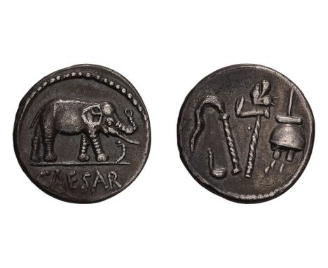 Denarius, 3.85gg (6h). Gaul, 49-8 BC. Obv: Elephant advancing right, trampling serpent; CAESAR in exergue. Rx: Ladle, sprinkl