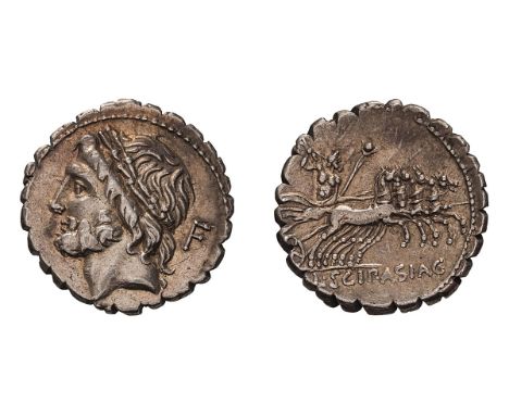 Serrate Denarius, 3.94gg (7h). . , 106 BC. Obv: Head of Jupiter left, R dot behind. Rx: Jupiter in quadriga right, L SCIP ASI