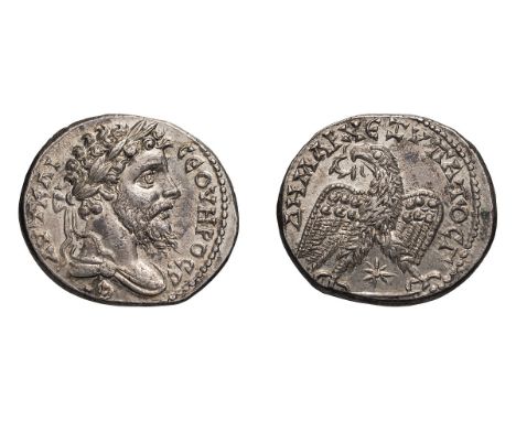  193-211 AD. Tetradrachm, 13.14gg (12h). Laodicea ad Mare, c. 207-8 AD. Obv: AVT KAI - CEOVHPOC.C - E. Bust laureate, draped 