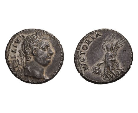  69 AD. Denarius, 3.43gg (7h). Tarraco. Obv: A - VITELLIVS -[ IMP GERMAN] Head laureate right, globe below neck. Rx: VICTORIA