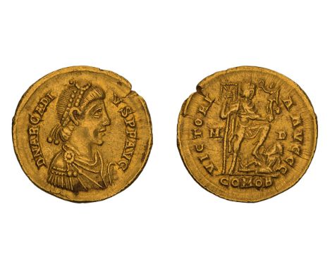  383-408 AD. Solidus, 4.50gg (1h). Milan, c. 395-408 AD. Obv: D N ARCADI - VS P F AVG Pearl-diademed, draped, cuirassed bust 