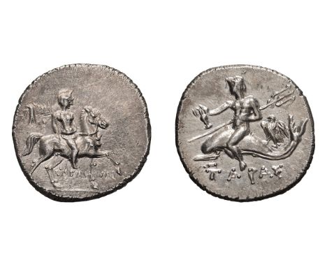 Time of Hannibal, c. 212-209 BC. Nomos, 3.98gg (5h). Obv: Naked youth on horseback right, holding reins and carrying filleted