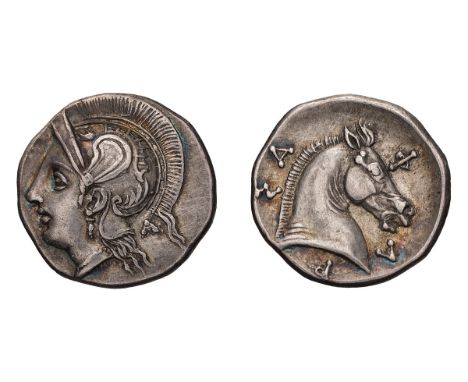 c. 350 BC. Hemidrachm, 2.88gg (6h). Obv: Helmeted head of Athena left, wearing pearl necklace, pendant earring, and crested A