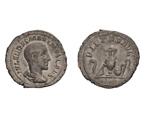  235-238 AD. Denarius, 3.12gg (5h). Rome. Obv: IVL VERVS MAXIMVS CAES Bare-headed, draped bust right. Rx: PIETAS AVG Sacrific