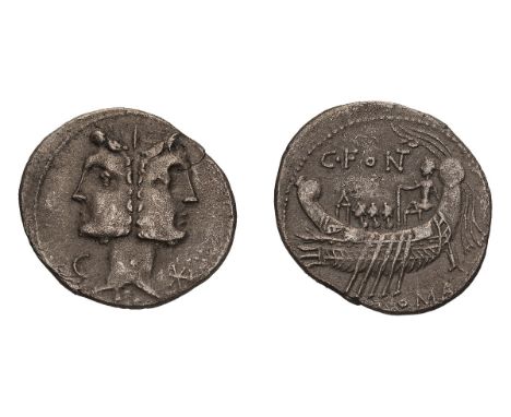 Denarius, 3.52gg (4h). . , 114 or 113 BC. Obv: Janiform head of Dioscuri, C to left, two dots below neck, star (mark of value
