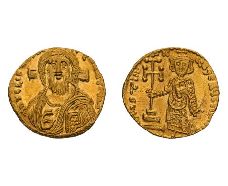  First Reign, 685-695 AD. Solidus, 4.44gg (6h). Constantinople, 692-695 AD. Obv: IhS CRIS[JOS REX REJNA]NJIuM Bust of Christ 