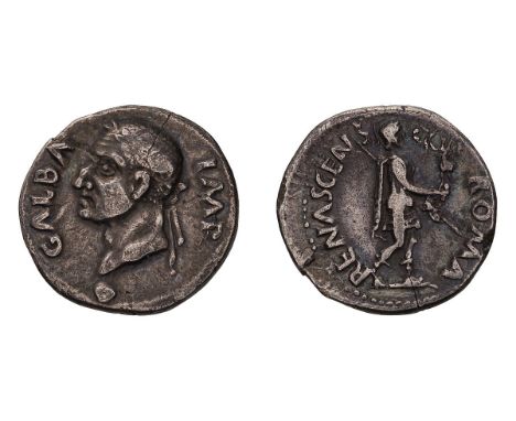  68-69 AD. Denarius, 3.30gg (5h). Tarraco. Obv: GALBA IMP Laureate head of Galba left on globe. Rx: ROMA RENASCENS (starting 