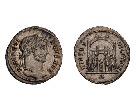  284-305 AD. Argenteus, 3.48gg (7h). Rome, c. 295-7 AD. Obv: DIOCLETI - ANVS AVG Head laureate right. Rx: VIRTVS - MILITVM ar