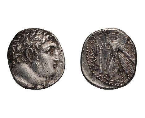 Year 144 = 18/19 AD. Shekel, 14.23gg (11h). Obv: Laureate head of Melqart right with lionskin knotted around neck. Rx: [TVPOV