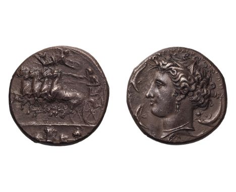 c. 400-390 BC, unsigned dies by Euainetos. Decadrachm, 43.13gg (8h). Obv: Quadriga galloping left, driven by a charioteer hol