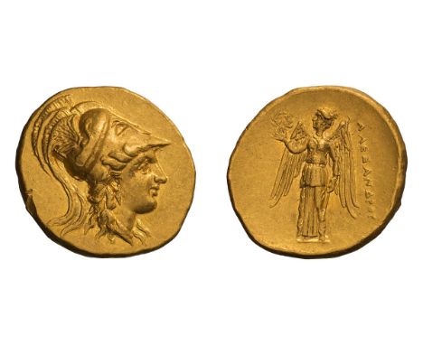 c. 332-323 BC. Stater, 8.55gg (1h). Obv: Helmeted head of Athena right. Rx: AΛEΞANΔPOY Nike standing left holding wreath and 