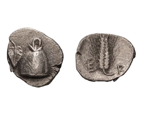 c. 400-364 BC. Hemiobol, 0.43gg (11h). Obv: Half sprouting grain of wheat; in field, ivy leaf. Rx: E - R Wheat ear. BMC 31 pl