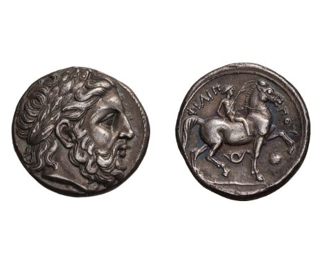  359-336 BC. Tetradrachm, 14.09gg (2h). Pella III, c. 323/2-315. Obv: Laureate head of Zeus r. Rx: ΦIΛIΠ - ΠOY Naked youth on