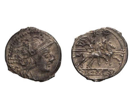 Sestertius, 1.08gg (4h). Apulia, From 211 BC. Obv: Helmeted head of Roma right, value mark II behind. Rx: Dioscuri galloping 