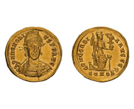  393-423 AD. Solidus, 4.41gg (6h). Constantinople, c. 402-3 AD. Obv: D N HONORI - VS P F AVG Helmeted bust front holding spea