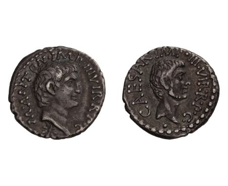 Denarius, 3.85gg (7h). Italy, 40-39 BC. Obv: M ANTON IMP III VIR R P C Bare head of Antony right, star below. Rx: CAESAR IMP 