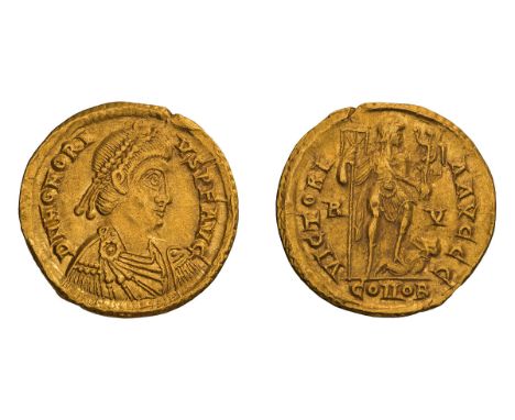  393-423 AD. Solidus, 4.47gg (12h). Ravenna, c. 395-408 AD. Obv: D N HONORI - VS P F AVG Pearl-diademed, draped, cuirassed bu