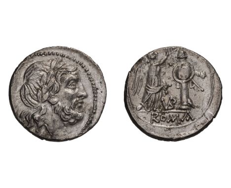 Victoriatus, 2.62gg (7h). Uncertain mint, 211-208 BC. Obv: Laureate head of Jupiter right. Rx: Victory standing right, crowni