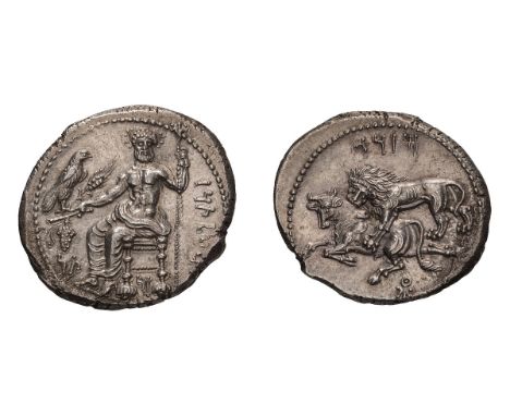  361-334 BC. Stater, 10.94gg (1h). Cilicia, TarsusObv: BLTRZ Baal of Tarsus enthroned to left, head front, holding eagle, ear