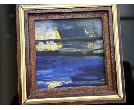 Rami Kmelman original oil on paper titled moon light over the sea Size including frame 8.5 cm 8.5cm