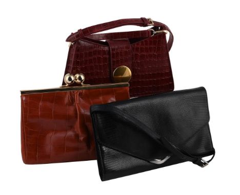 
	
		THREE HANDBAGS
		To include: Elleme, a burgundy crocodile grain pressed leather handbag, with a detachable should strap 