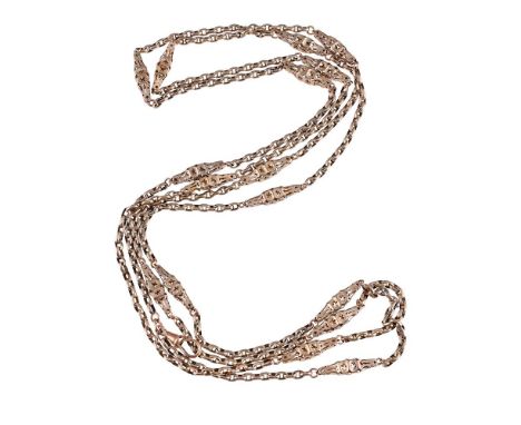 
	
		A LATE VICTORIAN GOLD FANCY LINK CHAIN 
		The belcher links to pierced shaped baton link spacers, with associated lobste