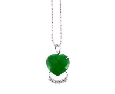 
	
		A JADEITE JADE AND DIAMOND PENDANT  
		The polished heart shaped jadeite jade with a row of brilliant cut diamonds below